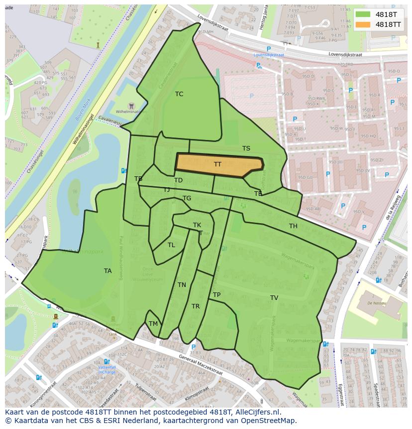 Afbeelding van het postcodegebied 4818 TT op de kaart.
