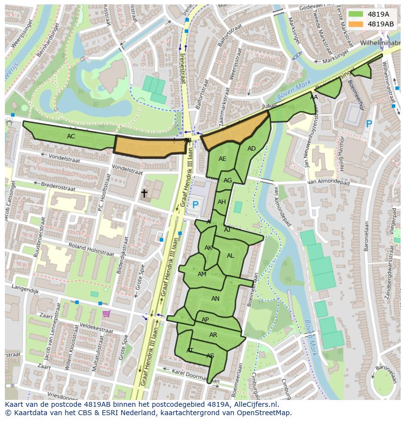 Afbeelding van het postcodegebied 4819 AB op de kaart.