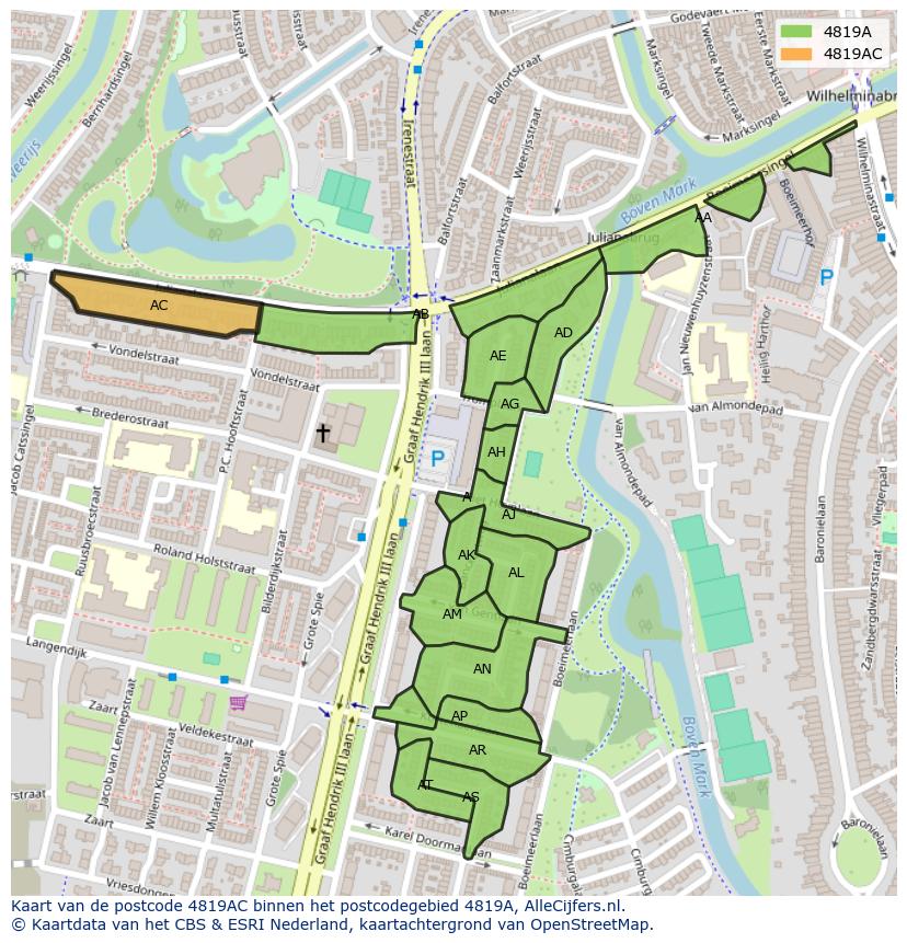 Afbeelding van het postcodegebied 4819 AC op de kaart.