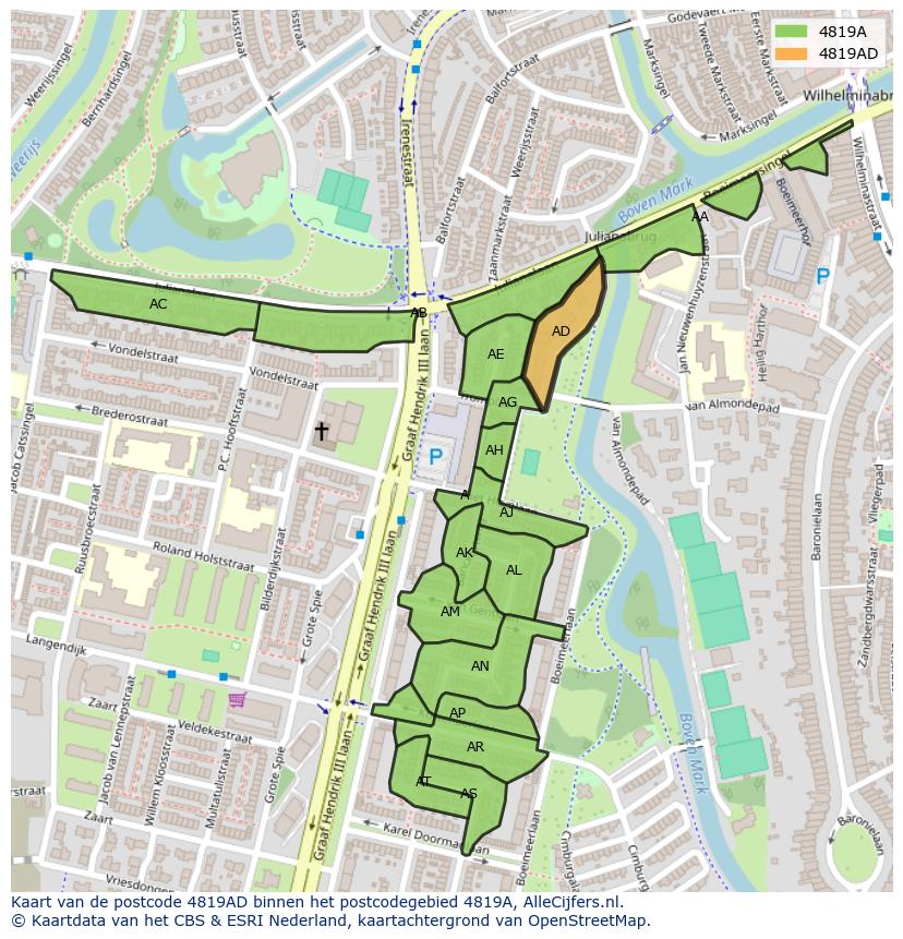 Afbeelding van het postcodegebied 4819 AD op de kaart.
