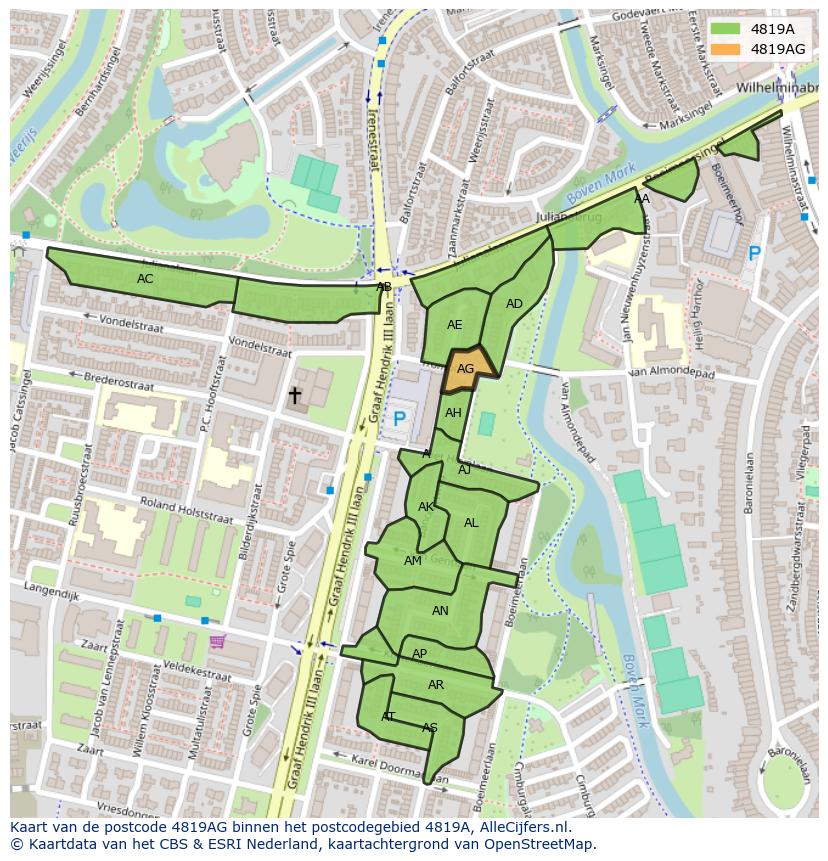 Afbeelding van het postcodegebied 4819 AG op de kaart.