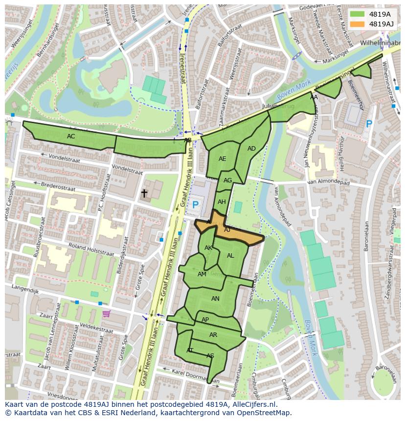 Afbeelding van het postcodegebied 4819 AJ op de kaart.