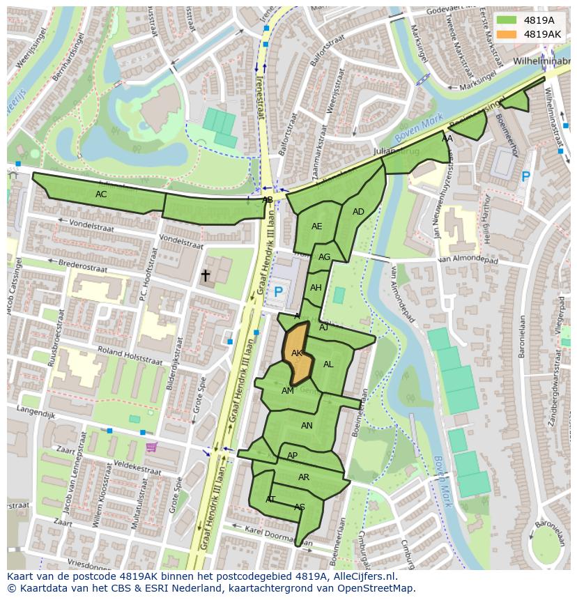 Afbeelding van het postcodegebied 4819 AK op de kaart.