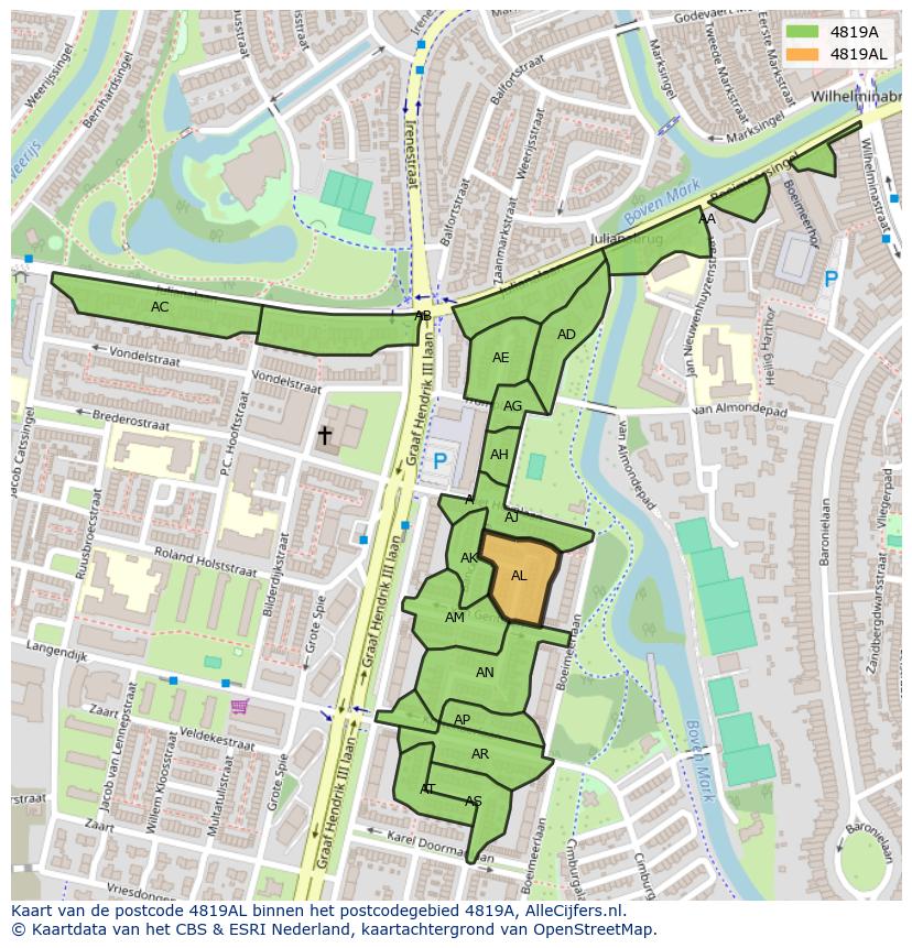 Afbeelding van het postcodegebied 4819 AL op de kaart.