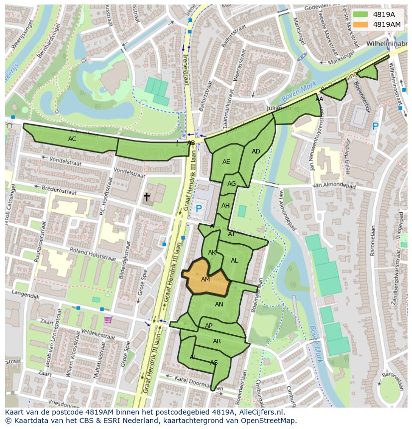 Afbeelding van het postcodegebied 4819 AM op de kaart.