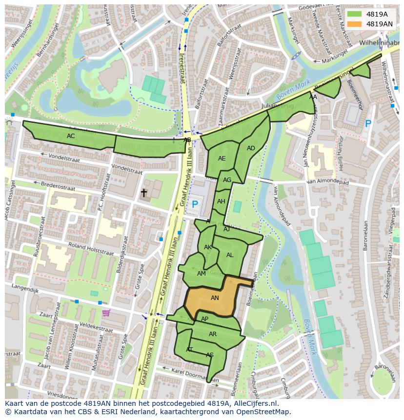 Afbeelding van het postcodegebied 4819 AN op de kaart.