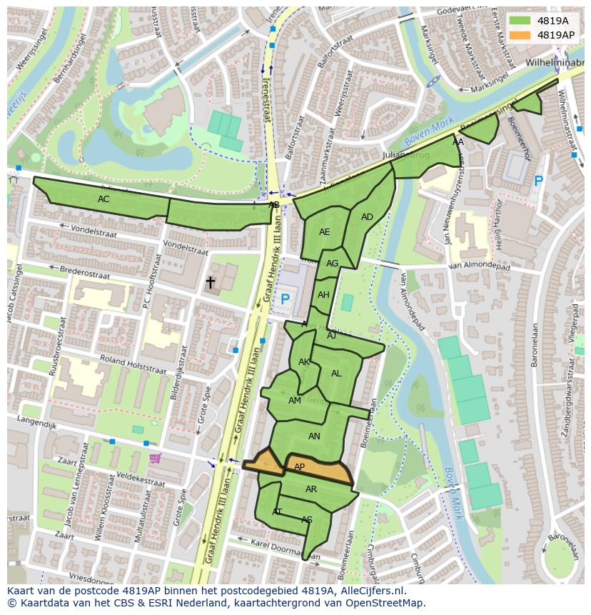 Afbeelding van het postcodegebied 4819 AP op de kaart.
