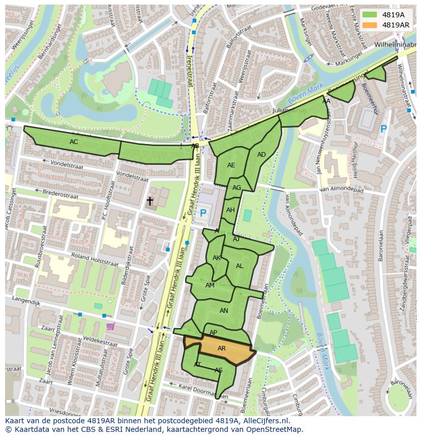 Afbeelding van het postcodegebied 4819 AR op de kaart.