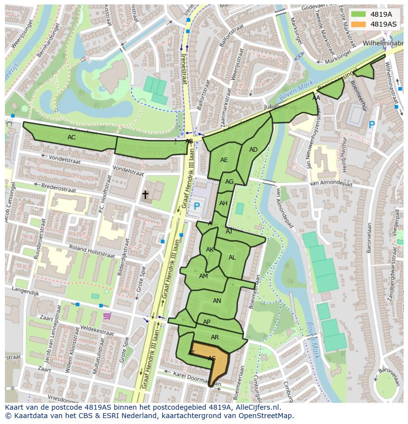 Afbeelding van het postcodegebied 4819 AS op de kaart.