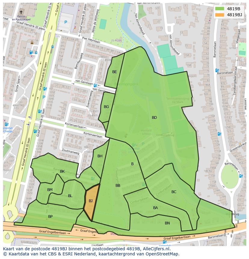 Afbeelding van het postcodegebied 4819 BJ op de kaart.