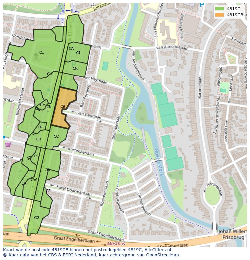 Afbeelding van het postcodegebied 4819 CB op de kaart.