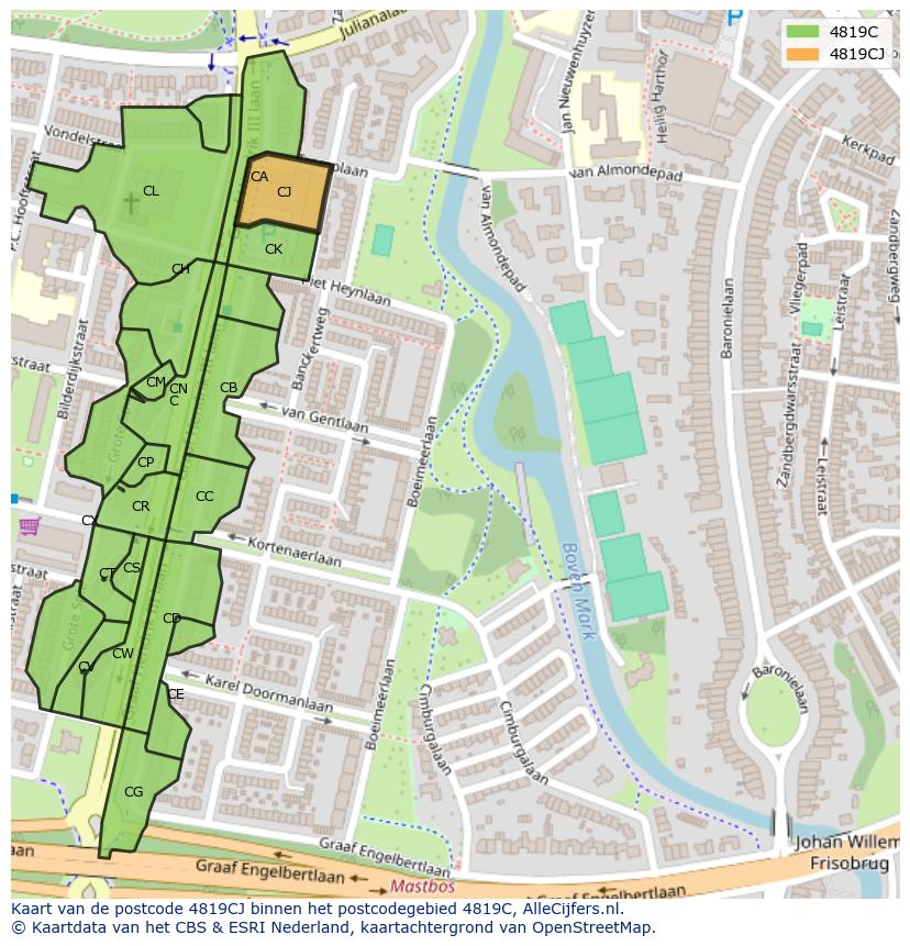 Afbeelding van het postcodegebied 4819 CJ op de kaart.