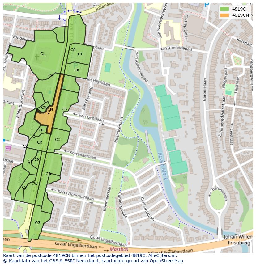Afbeelding van het postcodegebied 4819 CN op de kaart.