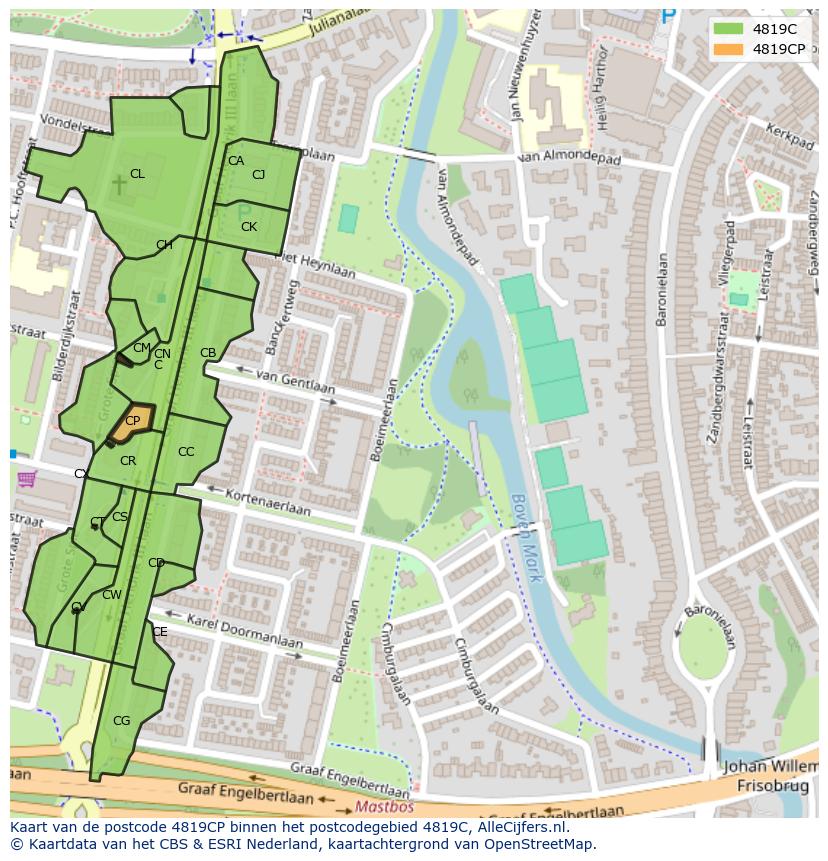 Afbeelding van het postcodegebied 4819 CP op de kaart.