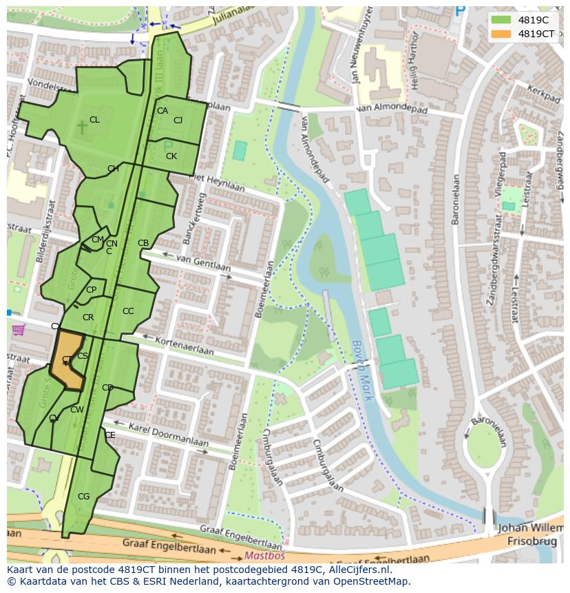 Afbeelding van het postcodegebied 4819 CT op de kaart.