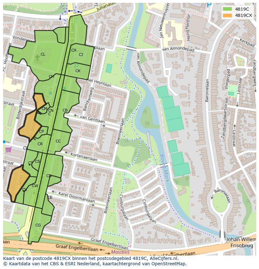 Afbeelding van het postcodegebied 4819 CX op de kaart.