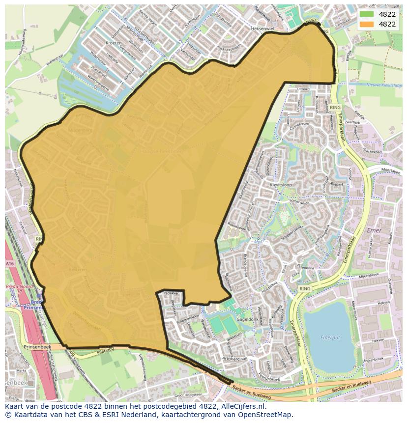Afbeelding van het postcodegebied 4822 op de kaart.
