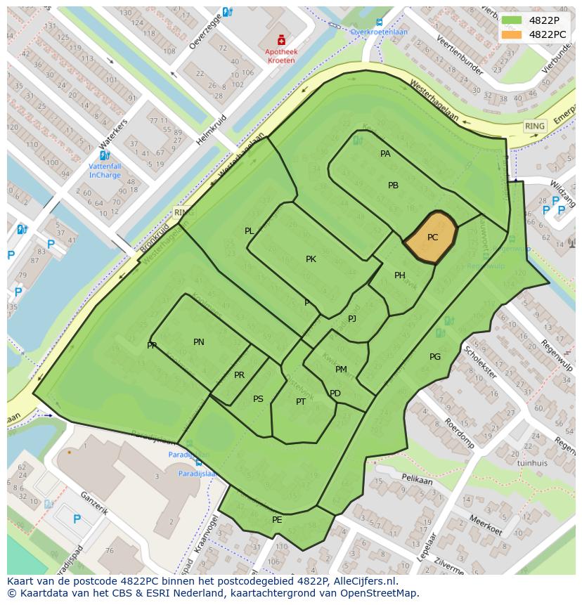 Afbeelding van het postcodegebied 4822 PC op de kaart.