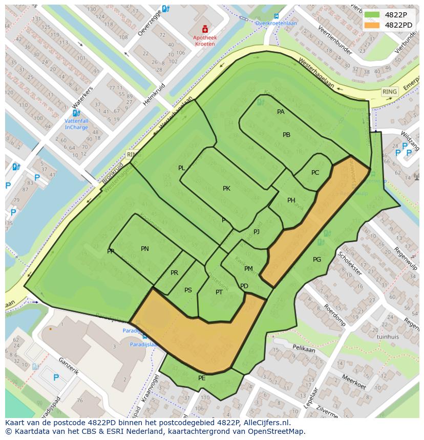 Afbeelding van het postcodegebied 4822 PD op de kaart.