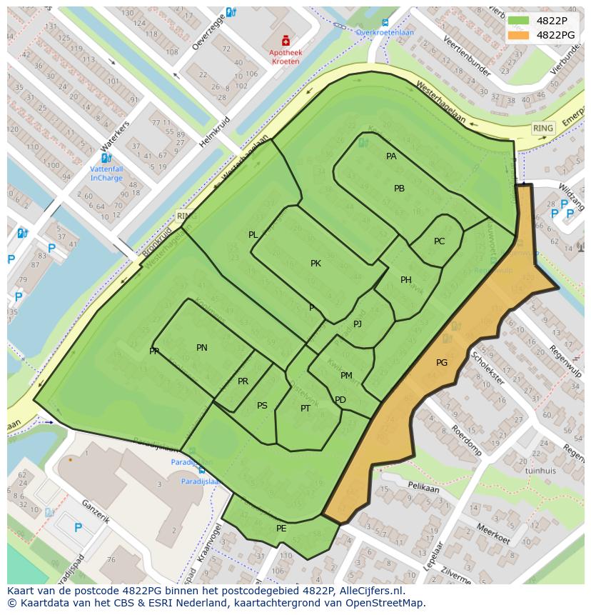 Afbeelding van het postcodegebied 4822 PG op de kaart.