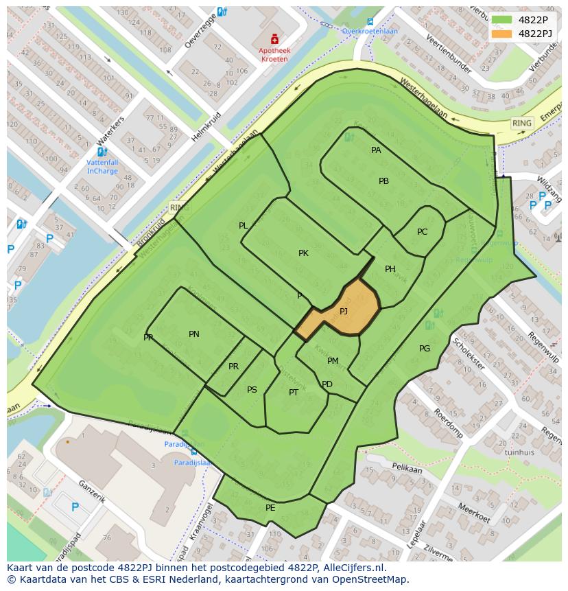 Afbeelding van het postcodegebied 4822 PJ op de kaart.