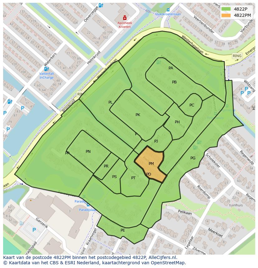 Afbeelding van het postcodegebied 4822 PM op de kaart.