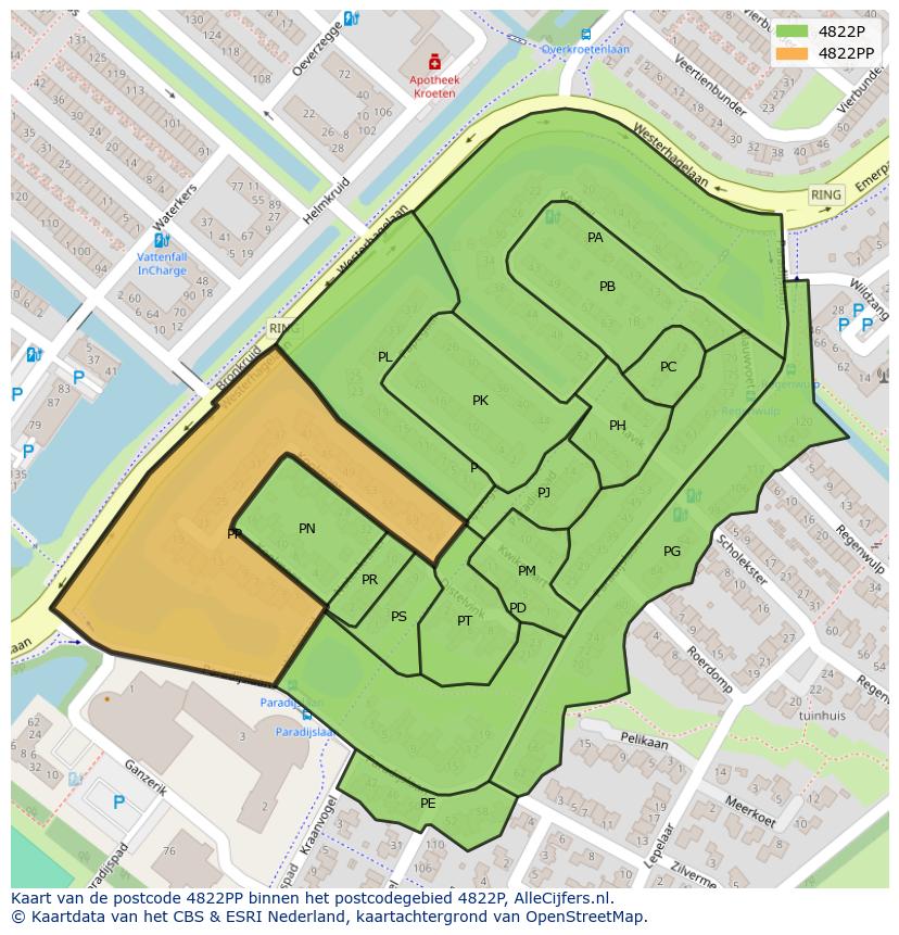 Afbeelding van het postcodegebied 4822 PP op de kaart.
