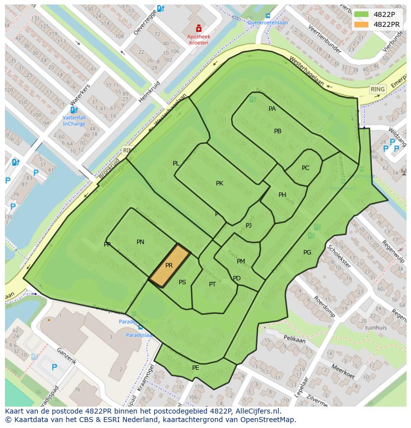 Afbeelding van het postcodegebied 4822 PR op de kaart.