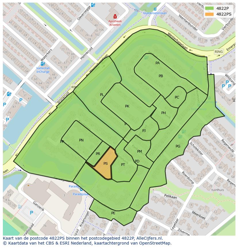 Afbeelding van het postcodegebied 4822 PS op de kaart.
