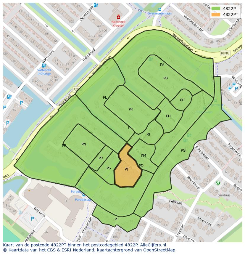 Afbeelding van het postcodegebied 4822 PT op de kaart.