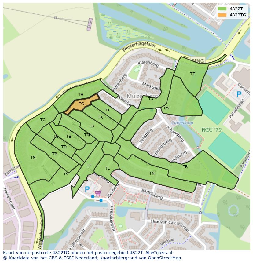 Afbeelding van het postcodegebied 4822 TG op de kaart.