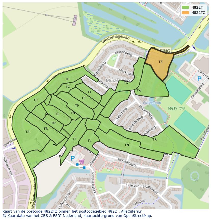Afbeelding van het postcodegebied 4822 TZ op de kaart.