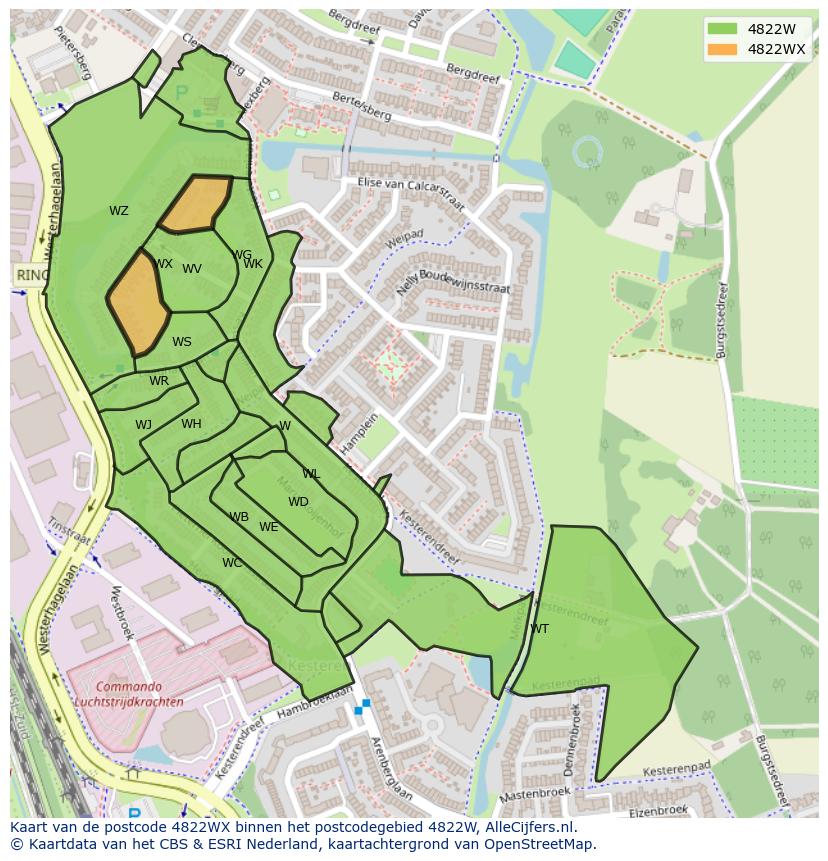 Afbeelding van het postcodegebied 4822 WX op de kaart.