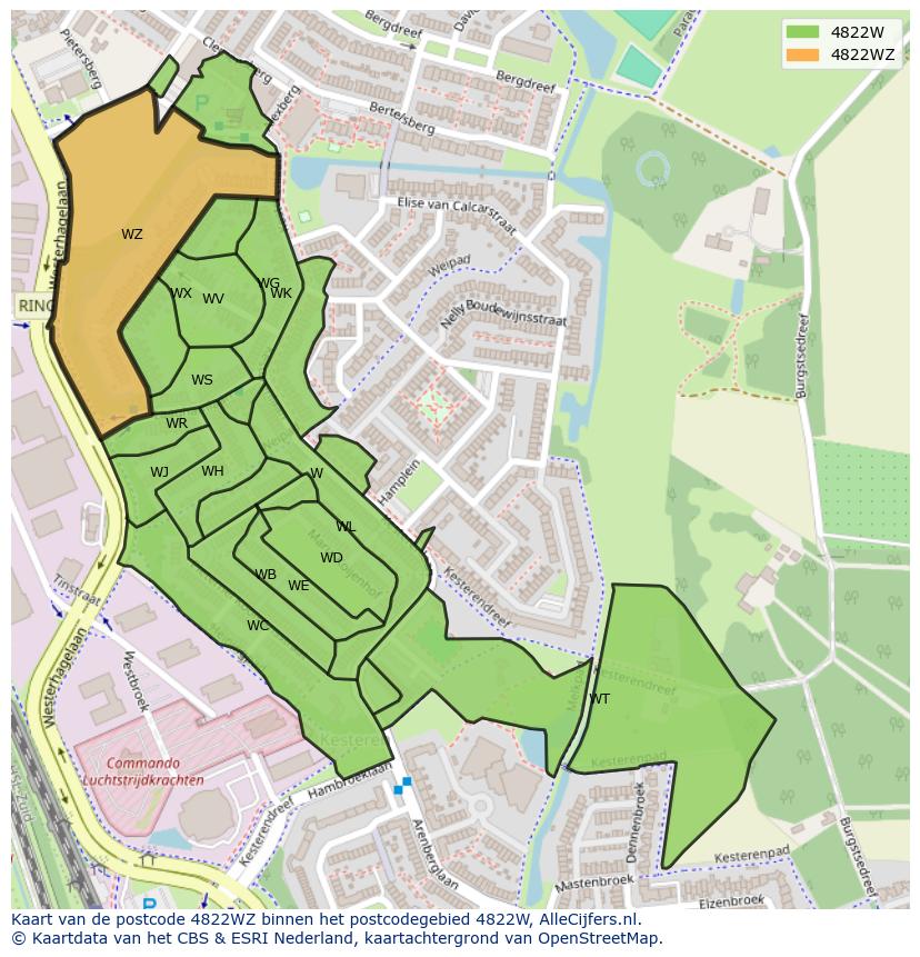 Afbeelding van het postcodegebied 4822 WZ op de kaart.