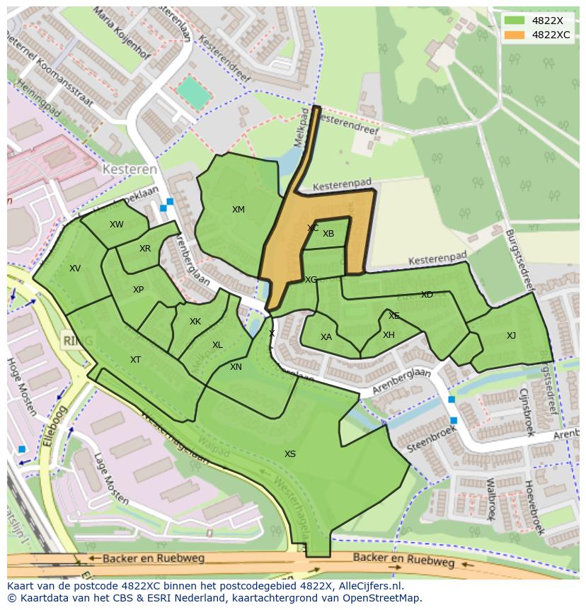 Afbeelding van het postcodegebied 4822 XC op de kaart.