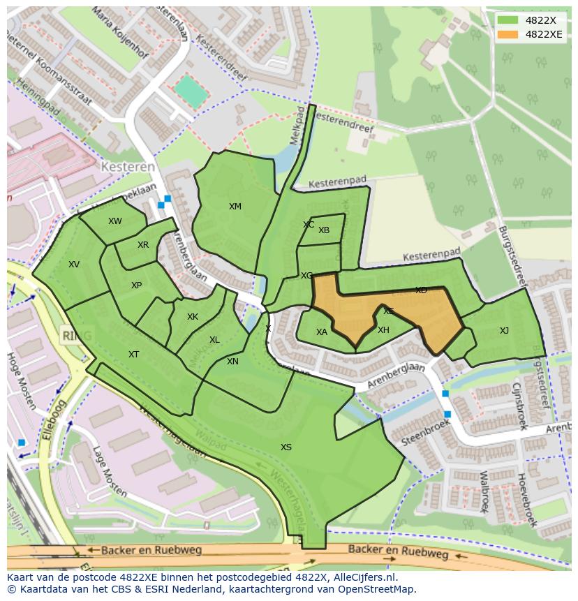 Afbeelding van het postcodegebied 4822 XE op de kaart.
