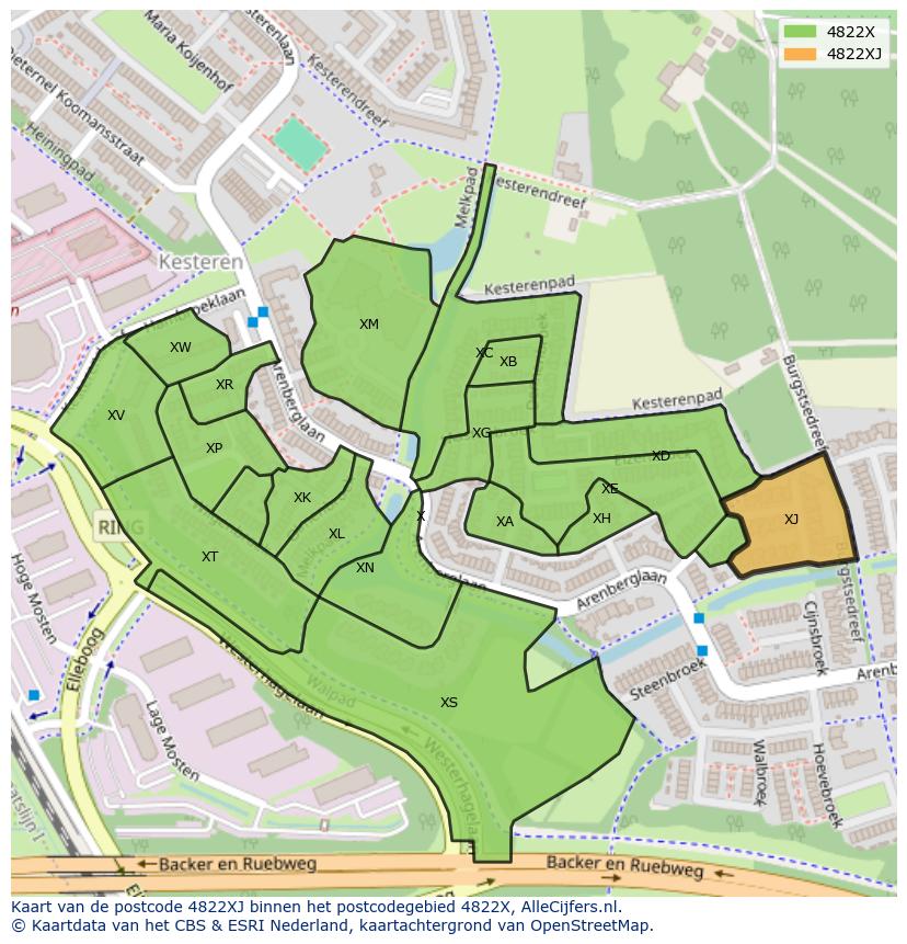 Afbeelding van het postcodegebied 4822 XJ op de kaart.