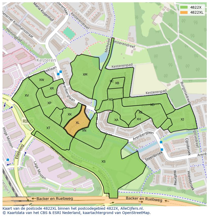 Afbeelding van het postcodegebied 4822 XL op de kaart.