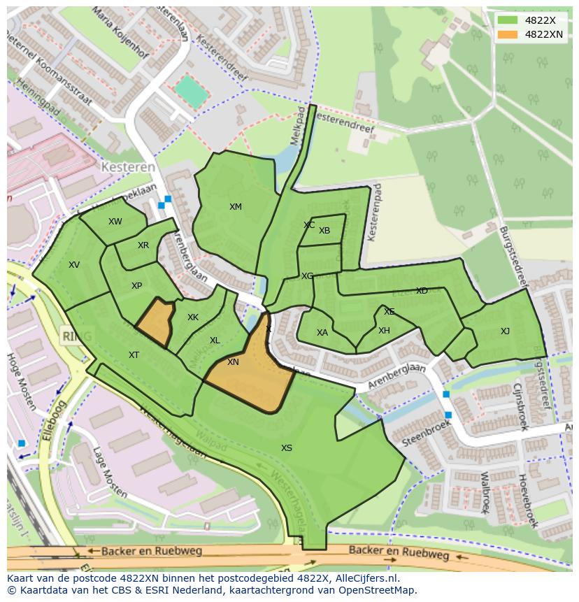 Afbeelding van het postcodegebied 4822 XN op de kaart.