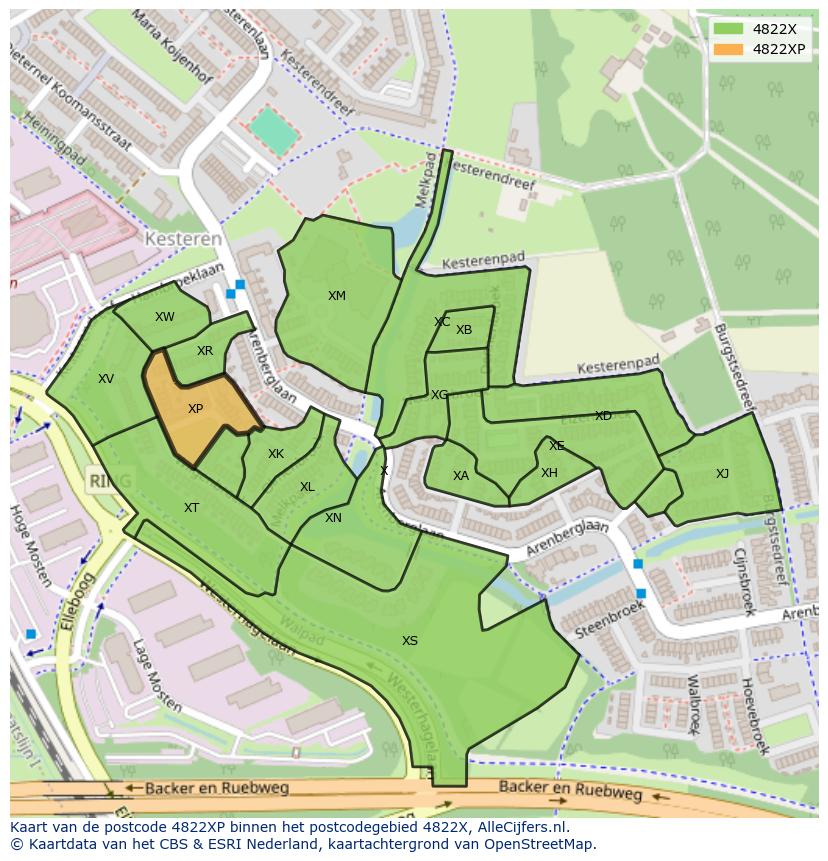 Afbeelding van het postcodegebied 4822 XP op de kaart.