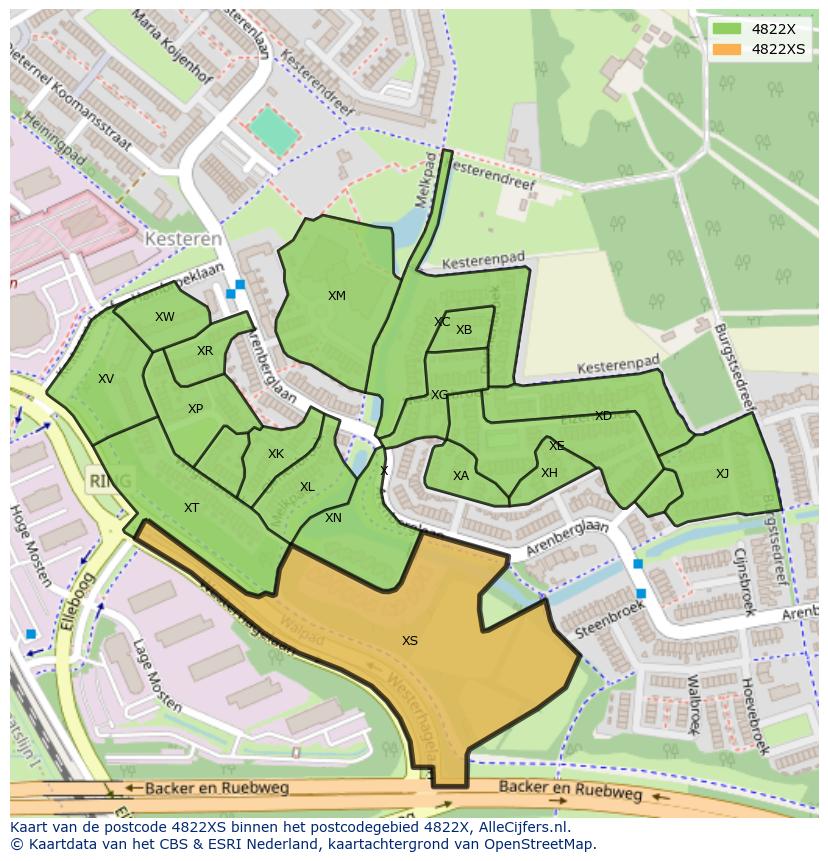 Afbeelding van het postcodegebied 4822 XS op de kaart.