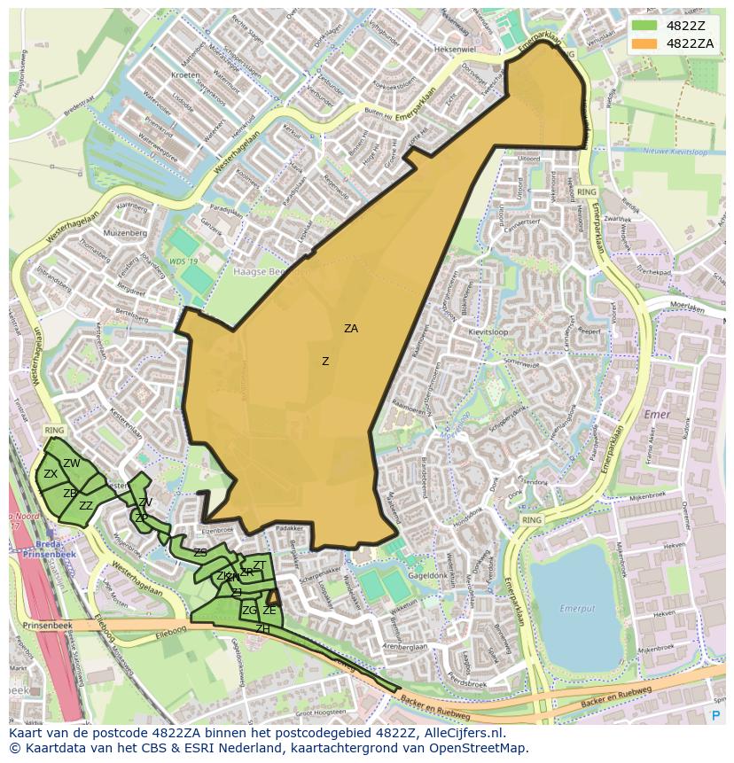 Afbeelding van het postcodegebied 4822 ZA op de kaart.