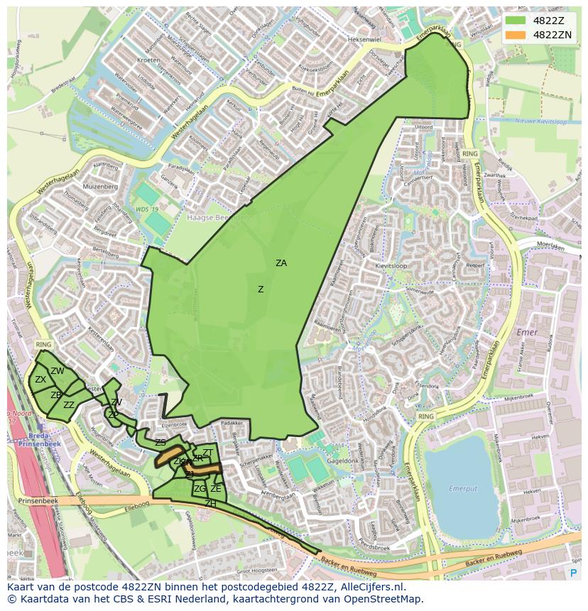 Afbeelding van het postcodegebied 4822 ZN op de kaart.