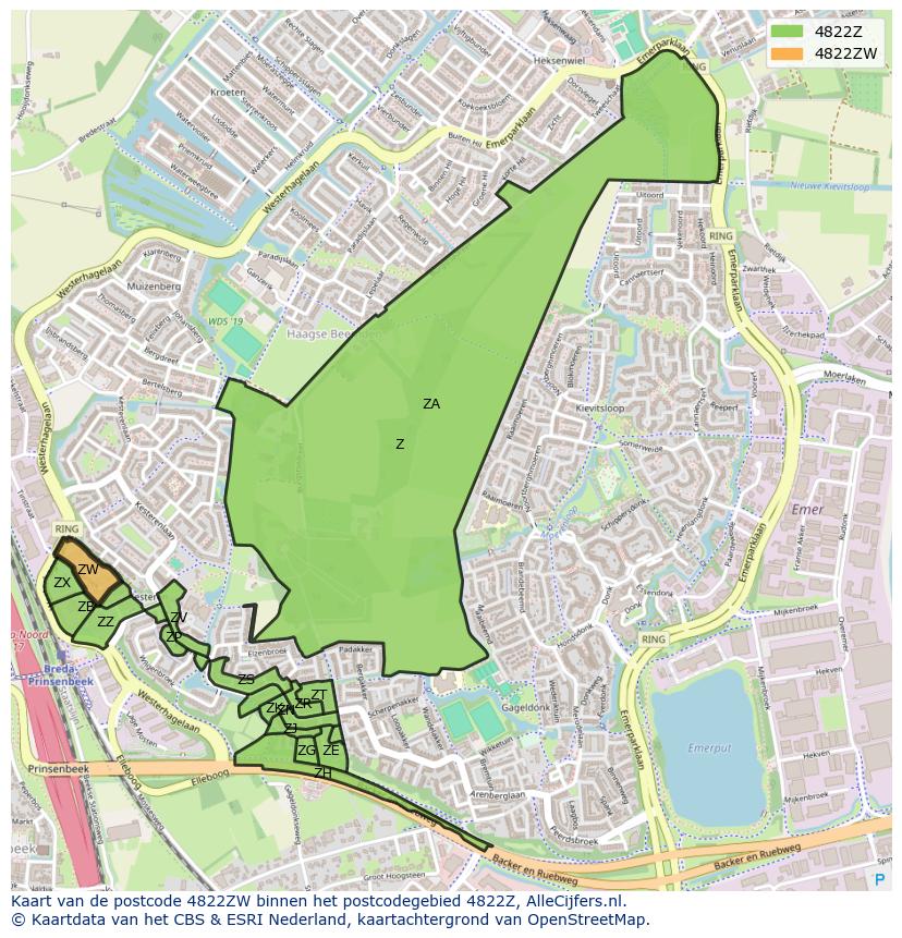 Afbeelding van het postcodegebied 4822 ZW op de kaart.