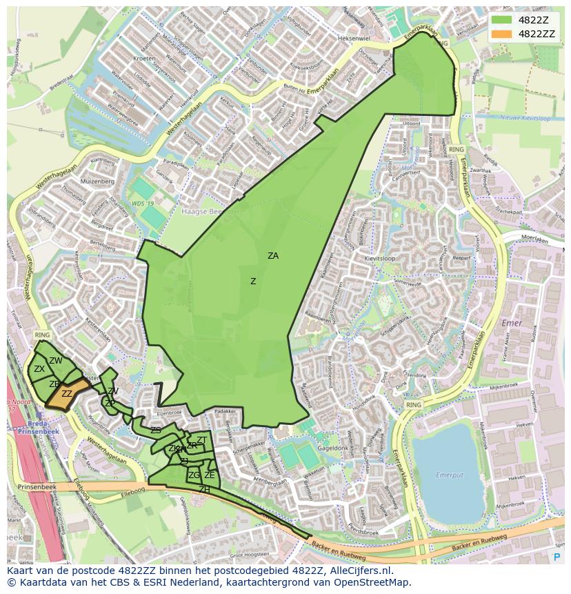 Afbeelding van het postcodegebied 4822 ZZ op de kaart.