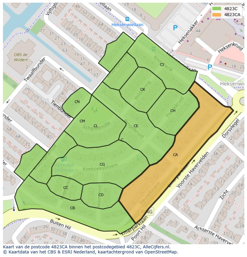 Afbeelding van het postcodegebied 4823 CA op de kaart.