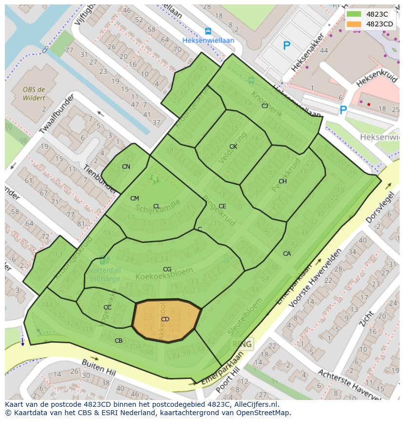Afbeelding van het postcodegebied 4823 CD op de kaart.