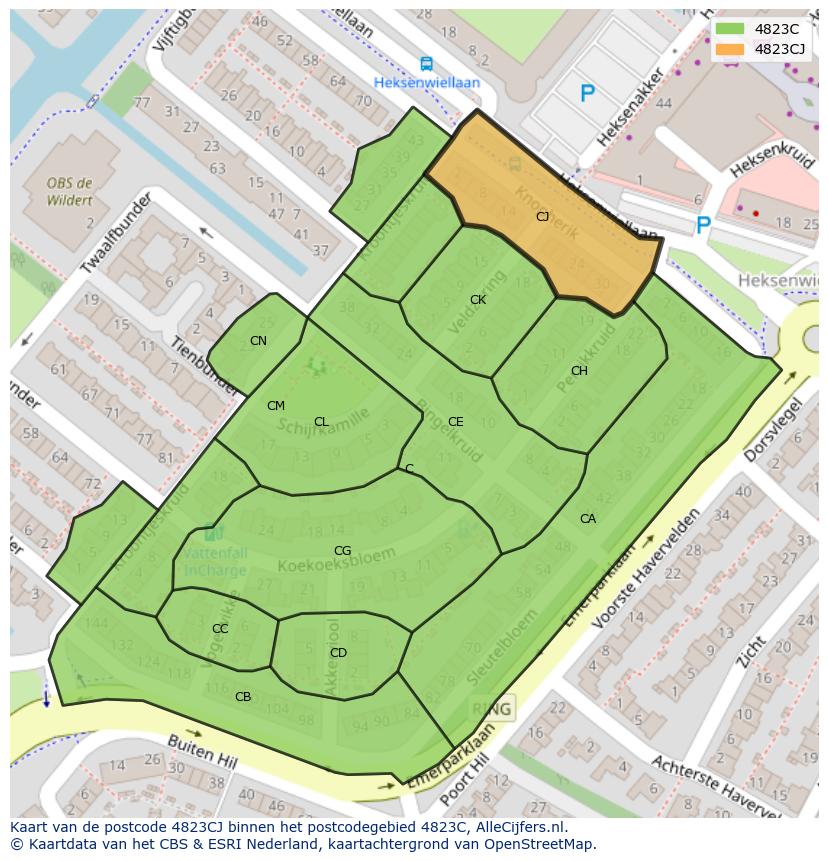 Afbeelding van het postcodegebied 4823 CJ op de kaart.