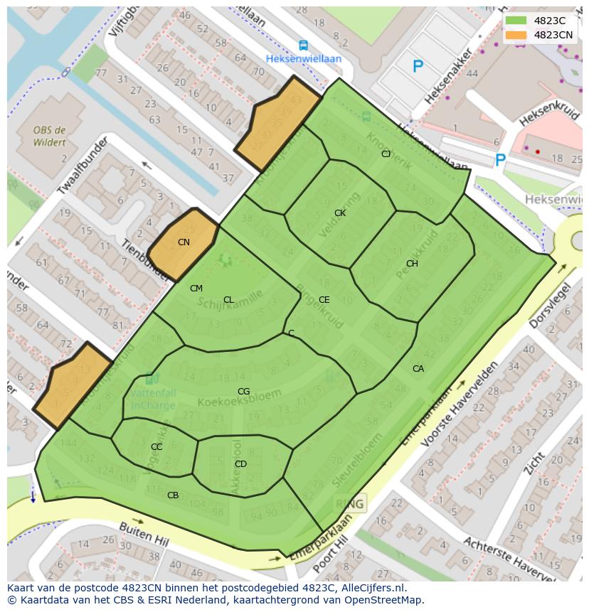 Afbeelding van het postcodegebied 4823 CN op de kaart.