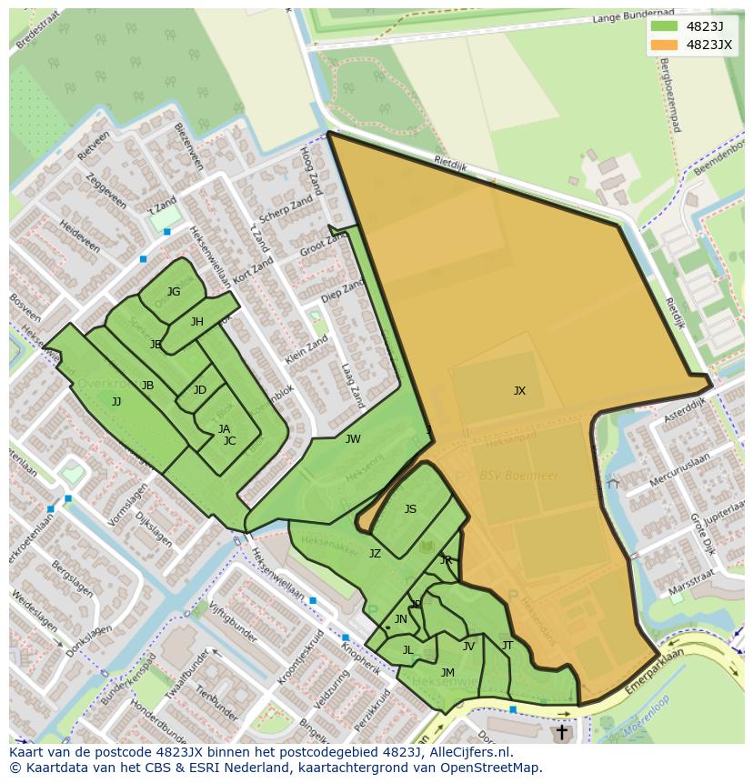 Afbeelding van het postcodegebied 4823 JX op de kaart.